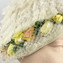 Load image into Gallery viewer, Original Late 1950's White Net Summer Hat with Orange and Yellow Flower Trim *