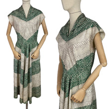 Load image into Gallery viewer, Original 1940's Green and White Chevron Print Day Dress - Bust 38