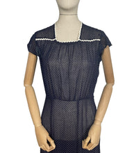 Load image into Gallery viewer, Charming Original Late 1930's or Early 1940's Sheer Navy and White Swiss Dot Dress with Ric-rac Trim - Bust 34 36