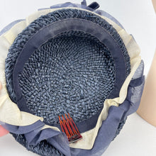 Load image into Gallery viewer, Original 1940’s Navy Blue Straw Topper Hat with White and Blue Ruffle Trim