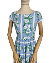 Load image into Gallery viewer, Original 1950's Floppy Cotton Day Dress in Blue and White Roses Stripe - Bust 34 35