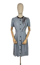 Load image into Gallery viewer, Original 1940’s CC41 Blue Cotton Dress with Brown Appliqué for the Shorter Lady - Wounded But Wearable - Bust 35 36