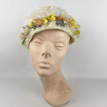 Load image into Gallery viewer, Original Late 1950's White Net Summer Hat with Orange and Yellow Flower Trim *