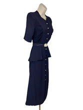 Load image into Gallery viewer, Original 1930's Navy Blue Crepe Belted Day Dress with Half Peplum and Two-Tone Buttons - Bust 32" *