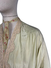 Load image into Gallery viewer, Original 1920's 1930's Bourne and Hollingsworth Pale Green Pure Silk Bed Jacket With Tambour Lace Detail and Ribbon Tie - Bust 34" 36" 38" 40"