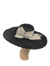 Load image into Gallery viewer, Huge Original 1940's Black Coarse Straw Sunhat with Wide Grosgrain Trim and Bow *