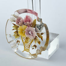 Load image into Gallery viewer, Original 1940's 1950's Reverse Carved Lucite Brooch with Scalloped Edge and Pretty Flowers in a Vase
