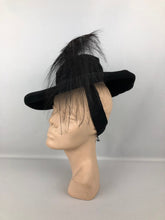 Load image into Gallery viewer, 1940s Wide Black Felt Hat With Huge Feather Trim