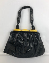 Load image into Gallery viewer, Original 1940s Black Leather Handbag with Yellow Lucite Clasp - Vintage Bag