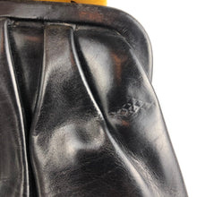 Load image into Gallery viewer, Original 1940s Black Leather Handbag with Yellow Lucite Clasp - Vintage Bag