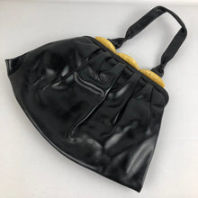 Load image into Gallery viewer, Original 1940s Black Leather Handbag with Yellow Lucite Clasp - Vintage Bag