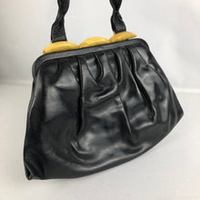 Load image into Gallery viewer, Original 1940s Black Leather Handbag with Yellow Lucite Clasp - Vintage Bag