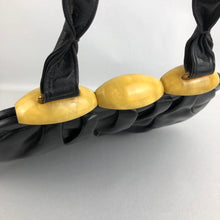 Load image into Gallery viewer, Original 1940s Black Leather Handbag with Yellow Lucite Clasp - Vintage Bag