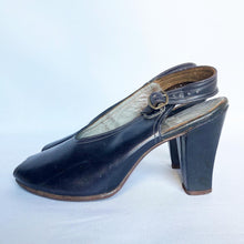 Load image into Gallery viewer, Original 1940s Brevitt Navy Leather Sling Back Peep Toe Shoes - UK 3 3.5 *