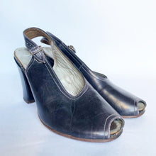 Load image into Gallery viewer, Original 1940s Brevitt Navy Leather Sling Back Peep Toe Shoes - UK 3 3.5 *