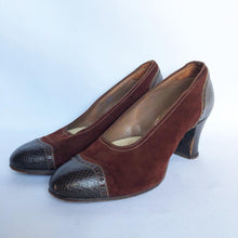 Load image into Gallery viewer, Original 1940s Chestnut Suede and Brown Leather Court Shoes - UK 3 3.5