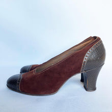 Load image into Gallery viewer, Original 1940s Chestnut Suede and Brown Leather Court Shoes - UK 3 3.5