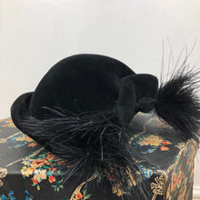 Load image into Gallery viewer, Original 1920s or 1930s Black Fur Felt and Ostrich Feather Hat - Deco - Flapper