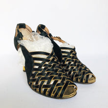 Load image into Gallery viewer, 1940s Russell & Bromley Black and Gold Evening Shoes - UK 3 3.5