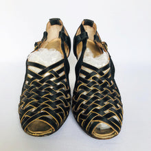 Load image into Gallery viewer, 1940s Russell & Bromley Black and Gold Evening Shoes - UK 3 3.5