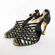 Load image into Gallery viewer, 1940s Russell & Bromley Black and Gold Evening Shoes - UK 3 3.5