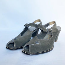 Load image into Gallery viewer, Original 1940s Charcoal Grey Suede Sandals - Great Shoes - UK 7 or 7.5