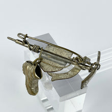 Load image into Gallery viewer, 1940's 1950's White Metal Tyrolean Novelty Brooch with Walking Stick, Boot and Shield