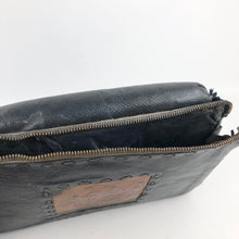 Load image into Gallery viewer, Original 1930s 1940s Navy and Brown Tooled Leather Muff Bag with Sailing Ship Design
