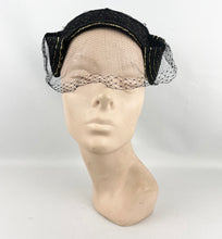 Load image into Gallery viewer, Fabulous Original 1950's Black Straw Cocktail Hat with Gold Trim and Net - Perfect Evening Hat