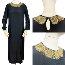 Load image into Gallery viewer, Original 1920's 1930's Black Silk Crepe Day Dress with Incredible Soutache Collar with Silk Embroidery - Bust 36
