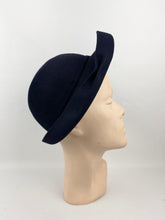 Load image into Gallery viewer, Original Late 1930s or Early 1940s Close Fitting Dark Blue Felt Hat with Neat Trim and Upturned Brim