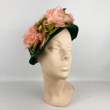 Load image into Gallery viewer, Original 1950's Forest Green Hat with Beautiful Pink Floral Trim - Jolly & Son Ltd Bath
