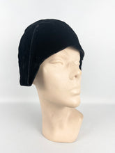 Load image into Gallery viewer, Original 1920s Black Cotton Velvet Cloche with Celluloid and Paste Hat Flash