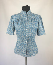 Load image into Gallery viewer, 1940s Blue, White and Black Novelty Print Ribbons and Clover Blouse - B36