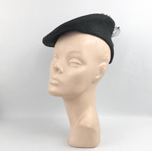 Load image into Gallery viewer, Original 1940's Black Fine Sisal Hat with Wonderful Pink Flower and Flocked Net Trim