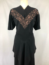 Load image into Gallery viewer, 1940s Black Dress with Lace Overlay and Fishtail Peplum -B38