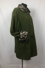 Load image into Gallery viewer, 1950s Green Wool Coat with Faux Fur Leopard Print Trim 38 40 42