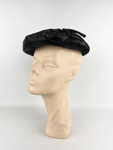 Load image into Gallery viewer, Original 1950's Shiny Black Straw Petal Hat with Grosgrain Bow Trim *