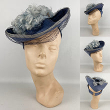 Load image into Gallery viewer, Original 1940's Lavender Blue Felt Tilt Hat with Fluffy Feather and Net Trim - Divine Piece