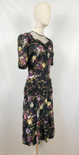 Load image into Gallery viewer, Original 1940s Black Floral Dress with Sweetheart Net Covered Neckline - Bust 36 38
