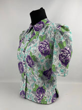 Load image into Gallery viewer, As Is 1940's Reproduction Floral Print Blouse with Large Purple Roses and Tiny Glass Buttons Made From an Original 1940's Feed Sack - Bust 34" 35" 36"