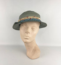 Load image into Gallery viewer, Original 1930's Blue Green Straw Hat with Grosgrain and Glass Bead Trim