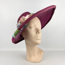 Load image into Gallery viewer, Incredible Original 1940's Oversized Pink Straw Summer Hat with Stripe Band And Flower Trim