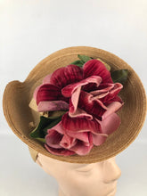 Load image into Gallery viewer, 1940s Natural Straw Hat With Large Pink Floral Decoration
