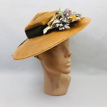 Load image into Gallery viewer, 1940s Wide Brimmed Straw Hat with Floral Trim
