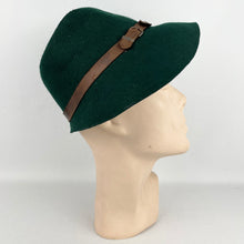 Load image into Gallery viewer, Original 1930's or 1940's French Forest Green Felt Hat with Leather Trim and Buckles
