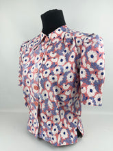 Load image into Gallery viewer, *AS IS* Feed Sack Cotton Blouse - 1940's Reproduction Pretty Floral Print Blouse Made From Original 1940's Feed Sack - Salmon Pink with Blue and White Design - Bust 35 36 37