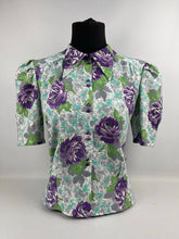Load image into Gallery viewer, As Is 1940's Reproduction Floral Print Blouse with Large Purple Roses and Tiny Glass Buttons Made From an Original 1940's Feed Sack - Bust 34" 35" 36"