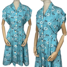 Load image into Gallery viewer, Original Volup 1950's Turquoise Blue Summer Dress with White and Black Floral Print - Bust 38 40 *