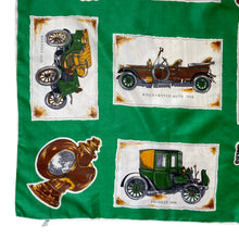 Load image into Gallery viewer, Vintage Rayon Motoring Themed Scarf in Emerald Green with Car Print - Great Turban or Headscarf